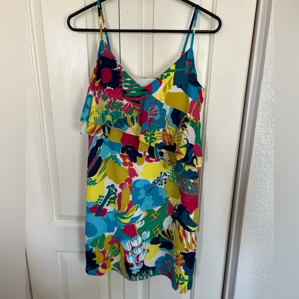 J Crew Colorful Tropical Floral Tiered Ruffle Cami Mini Dress Size 2